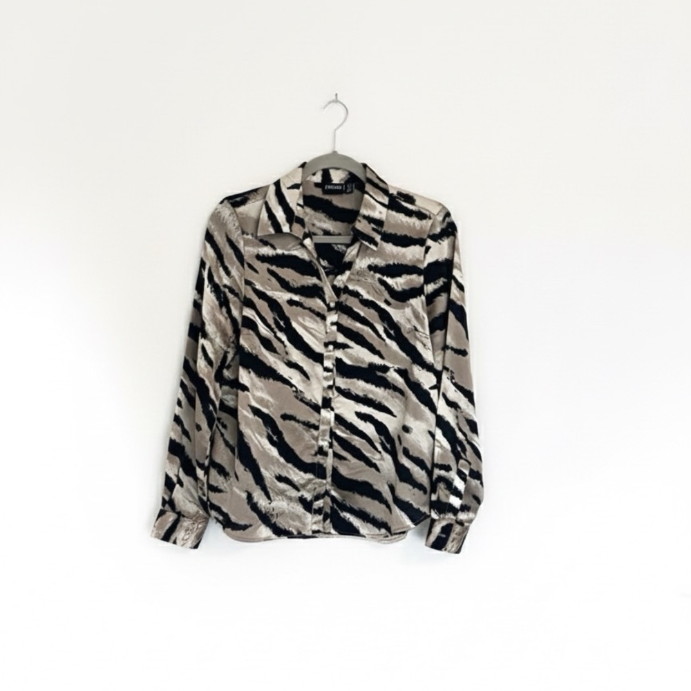 PIECES Zebra Print Silky Button-Down Blouse Size M Recycled Satin Feel